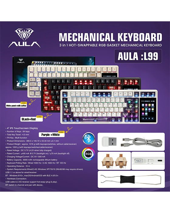 AULA L99 Wireless + Bluetooth HotSwap Mechanical RGB Gaming Keyboard (Purle + White)