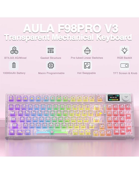 Aula F98 Pro Wireless + Bluetooth HotSwap Mechanical RGB Gaming Keyboard (Pink)