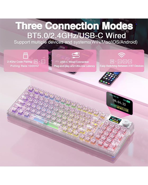 Aula F98 Pro Wireless + Bluetooth HotSwap Mechanical RGB Gaming Keyboard (Pink)