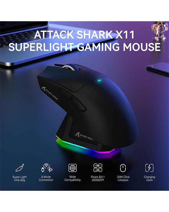 Attack Shark X11 Wireless + Bluetooth Gaming Mouse (Black)