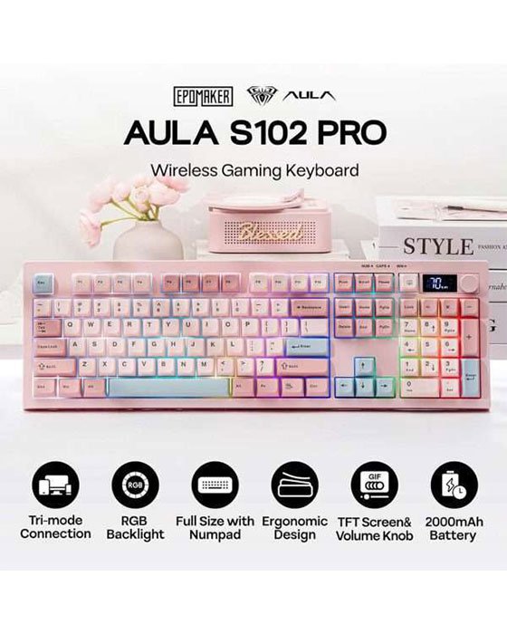 AULA S102 Pro Tri Mode Membrane Gaming Keyboard (Pink)
